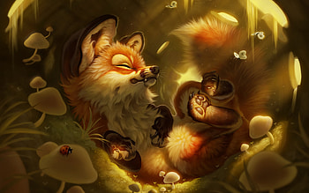 Sleeping fox, nap, frumusete, ladybug, vulpe, cute, gorgeous, mushroom, orange, fox, superb, green, yellow, luminos, amelia bothe, sleep HD wallpaper