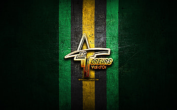 Val-dOr Foreurs, golden logo, QMJHL, green metal background, canadian hockey team, Val-dOr Foreurs logo, hockey HD wallpaper