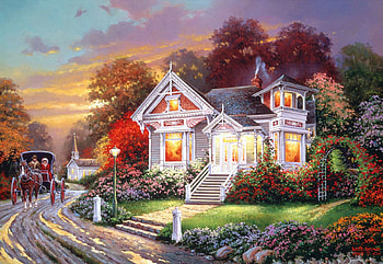 Down The Lane, sky, road, cottage, artwork, painting, trees HD wallpaper