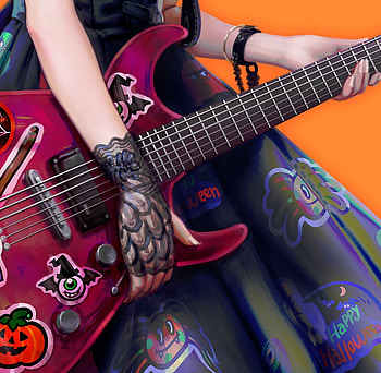 Witch (detail), halloween, instrument, fantasy, detail, guitar, lightbox, witch, hand HD wallpaper