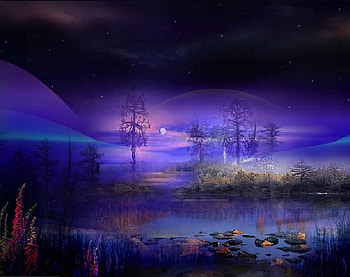 Amethyst Dreamscape, purple, fantasy, landscape, trees, sky, flowers, grass, water HD wallpaper