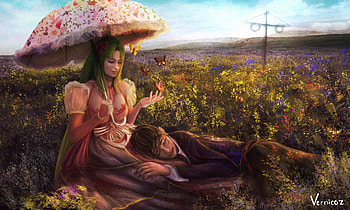 Summer, umbrella, fantasy, vernicoz, man, parasol, couple, girl, sleep HD wallpaper