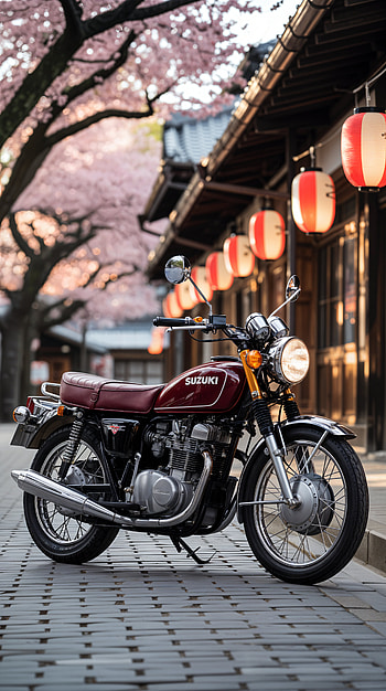 Suzuki Classic Motorcycle with Cherry Blossoms and Lanterns, motorcycle, cherry blossom, street HD phone wallpaper