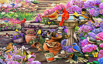 Spring Clean Up, birds, digital, sparrow, art, finches, flowers, cardinals HD wallpaper