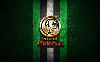 Pakistan Wolfpak, golden logo, Elite Football League, green metal background, indian football team, Pakistan Wolfpak logo, american football HD wallpaper