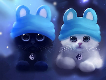Adorable jing jang, art, cute, cat, jing jang, pussies, kittens, pretty, apofiss, funny, hat HD wallpaper