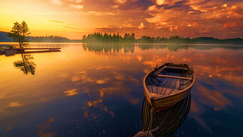 Calm Morning at Ringerike, Norway, lake, sunrise, boat, trees, colors, clouds, sky HD wallpaper