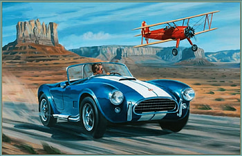 A Cobra in Monument Valley, monument valley, painting, cobra, car, ac cobra, plane, mountains, classic car HD wallpaper