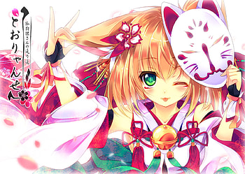 Foxgirl Mask, japanese clothes, bell, mask, cute, foxgirl, cherry blossom, blonde hair, female, sexy, sweet, text, smile, ribbon, hot, anime girl, wink, cool, blush, fox ears HD wallpaper