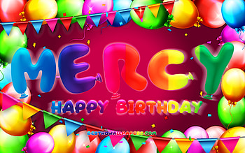 Happy Birtay Mercy, , colorful balloon frame, Mercy name, purple background, Mercy Happy Birtay, Mercy Birtay, popular american female names, Birtay concept, Mercy HD wallpaper