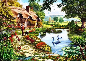Swan Cottage, path, man, house, artwork, butterflies, swans, trees, flowers, pond HD wallpaper