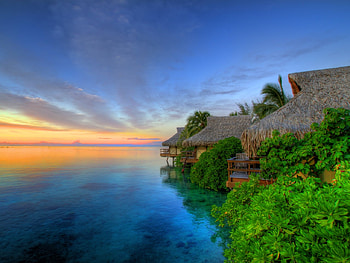 Sunset Over Moorea, blue, tahiti, seascape, clouds, trees, nature, sky, sunset, ocean HD wallpaper