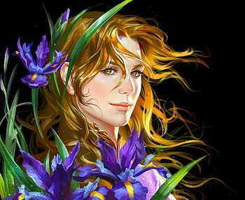 Iris, blue, black, tatiana kirgetova, flower, face, tata, girl, fantasy HD wallpaper