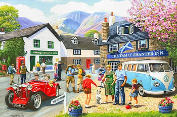 Just Passing Through, scene, painting, cars, nostalgia, village HD wallpaper
