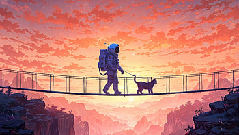 Astronaut And Cat Walking Among The Clouds, astronaut, cat, bridge, mountains, mountain, clouds, orange, artist, artwork, art, digital-art, ai HD wallpaper