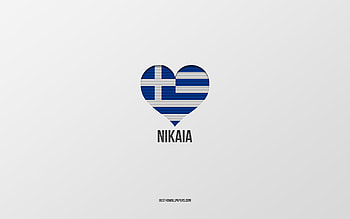I Love Nikaia, Greek cities, Day of Nikaia, gray background, Nikaia, Greece, Greek flag heart, favorite cities, Love Nikaia HD wallpaper