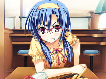 Grrr, headband, game cg, cute, kawai, kourin no machi lavender no shoujo, blue hair, girl, long hair, purple eyes, anime girl, anime, glasses, sawamura akina HD wallpaper