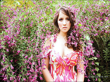 Beautiful Spring, flowered dress, pink, green field, cascades, flowers, woman HD wallpaper