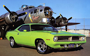 1970 Cuda 440 and a B17 Flying Fortress, ww2, cuda, aircraft, cars HD wallpaper