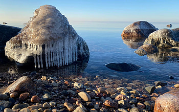 Rocks with Ice by Sea, rocks, ice, sea, winter, Latvia, beach HD wallpaper