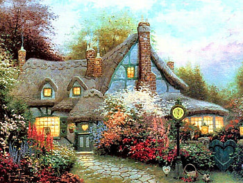 Sweetheart cottage, peaceful, alleys, spring, serenity, nice, painting, trees, vollage, path, house, beautiful, cabin, summer, pretty, lights, sky, flowers, cottage, lovely, calmness, sweetheart HD wallpaper