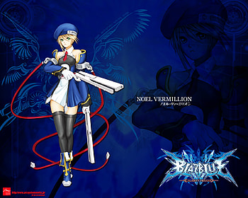 Noel Vermilliom, games, pistol, noel vermillion, thigh highs, girl, anime girl, lone, anime, weapon, blue background, video games, gun, blazblue, beret, stockings, female HD wallpaper