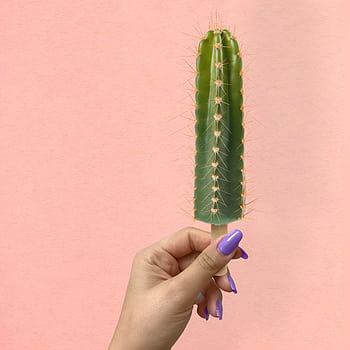 Creative cactus ice cream concept held by hand with purple nails against a pink backdrop. HD phone wallpaper