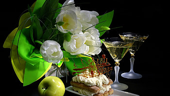 Tulips Champagne, still life, white, champagne, apple, flowers, romantic, tulips, lovely HD wallpaper