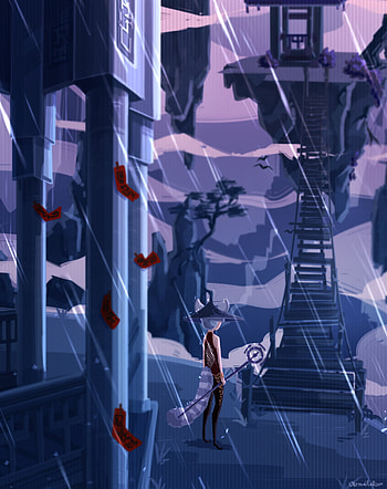 Anime, Art, Rain, Ladder, Stairs, Magician, Magus HD phone wallpaper