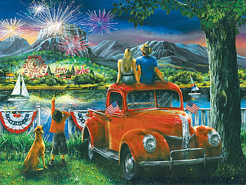 Celebration Across The River, car, trees, rocks, mountains, people, dog, fireworks, night, artwork, painting HD wallpaper