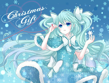 Christmas Gift, winter, cute, vocaloid, twin tails, long hair, dress, miku, snowflakes, holiday, vocaloids, snow, sweater, female, merry christmas, blue eyes, hatsune miku, ribbon, girl, anime girl, anime, christmas, green hair, gown, twntails HD wallpaper