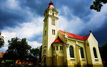 Church, architecture, beautiful, buildings, medieval, clouds, trees, nature, sky HD wallpaper
