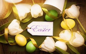 Easter, ribbon, ribbons, flowers, tulips, eggs, Happy Easter HD wallpaper