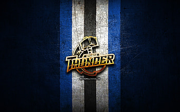 Wichita Thunder, golden logo, ECHL, blue metal background, american hockey team, Wichita Thunder logo, hockey HD wallpaper