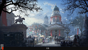 Fantasy, blue, city, art, donglu yu, people, statue, world, luminos HD wallpaper