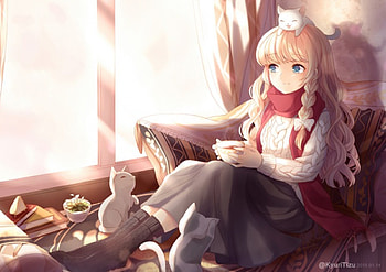 Afternoon Yearning, kitten, blond hair, kitty, cute, windown, long hair, nice, adorable, sweater, braids, female, sweet, blond, girl, cat, kawaii, anime girl, anime, pretty, touhou, scarf, lovely, kirisame marisa HD wallpaper