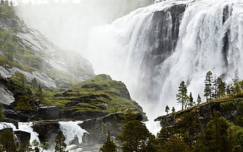 waterfalls, stone, river, tree HD wallpaper