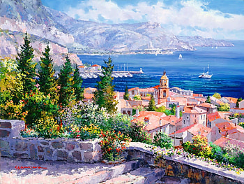 Over the roofs of St. Tropez, coast, town, France, houses, Saint Tropez, painting, sea, art, roofs, que, beautiful, lake, summer, view, sky, lovely, village HD wallpaper