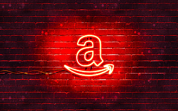 Amazon red logo, , red neon lights, creative, red abstract background, Amazon logo, brands, Amazon HD wallpaper