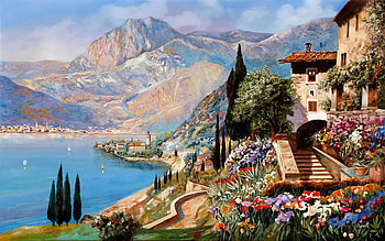 Verso Torbole, Lake Garda, Italy, painting, landscape, trees, houses, mountains, village HD wallpaper