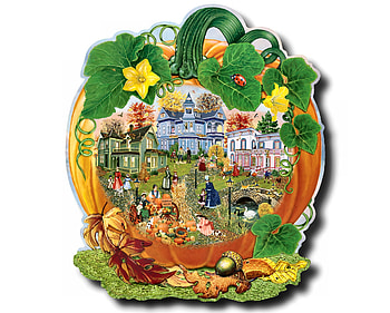 Harvest Village Pumpkin C, artwork, wide screen, painting, art, pumpkin, beautiful, illustration, village HD wallpaper