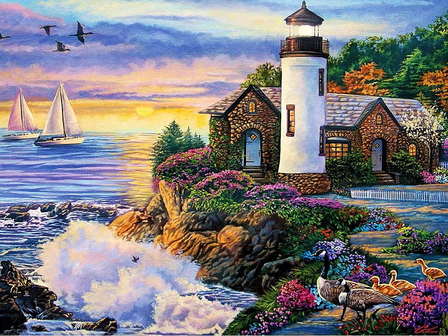 The Still Light of Dawn, painting, coast, sky, rocks, sunset, ship, lighthouse, colors, artwork, clouds, cottage HD wallpaper