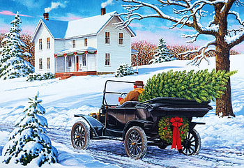 The Drive Home, winter, painting, car, snow, trees, cottage, christmas tree HD wallpaper