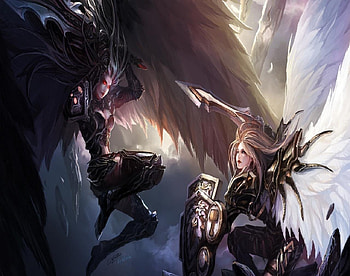 Angel Battle, white wings, armour, black wings, weapons, angels HD wallpaper
