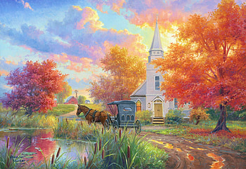 Sunday Morning, horse, church, artwork, coach, painting, clouds, trees, road, sky, pond HD wallpaper