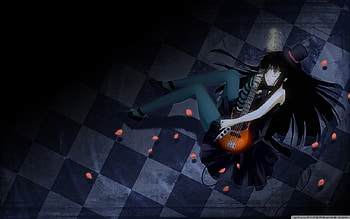 k-oh, sexy, black, song, guitar, girl, dress, play, anime, sing, wizard hat HD wallpaper