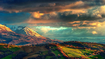 Clouds over mountain peak, Field, Forest, Snowy peak, Clouds, Landscape HD wallpaper