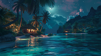 Island Paradise: of a Serene Beach House, beach house, island paradise, tropical island, night scene, moonlight HD wallpaper