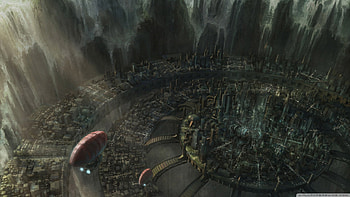 city, bridge, building, airship HD wallpaper