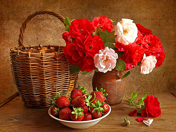 Still life, Lovely, Roses, Fruits, Vase HD wallpaper